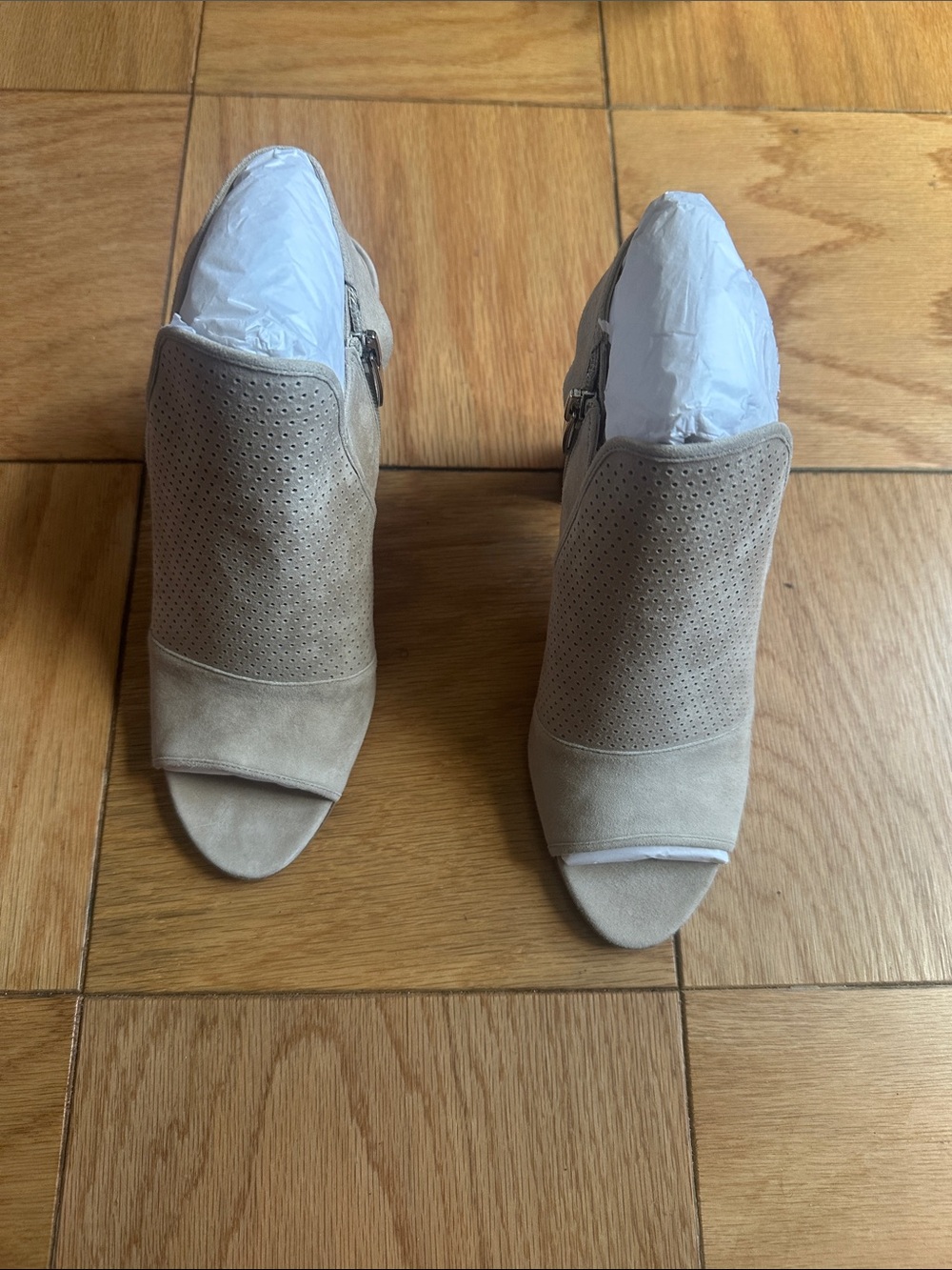 Via Spiga Beige Suede Perforated Peep-Toe Mules